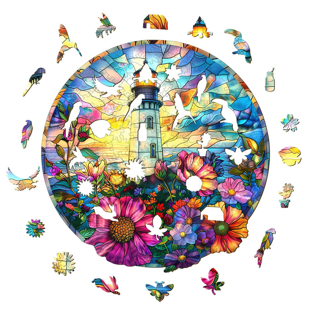 Stained Glass Lighthouse wooden jigsaw puzzle with vibrant flowers and colorful pieces, perfect for mental focus and entertainment.