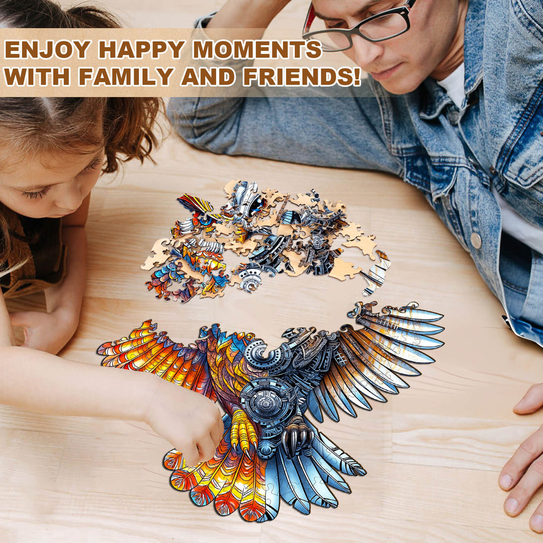 Child and adult assembling a colorful Yin-Yang MechaOwl wooden jigsaw puzzle, enjoying quality time together.
