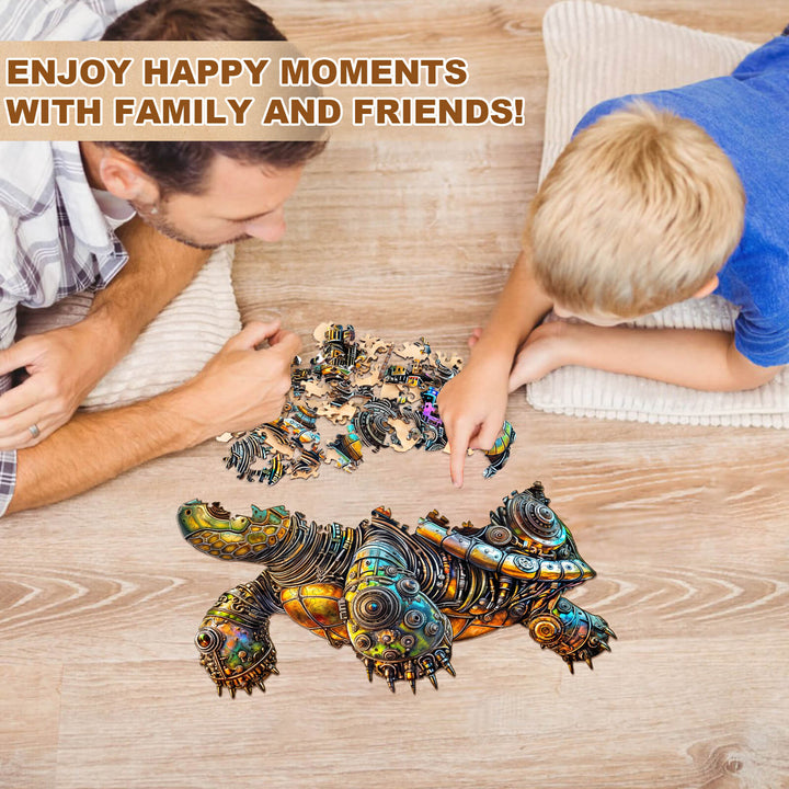 Father and son enjoying the Metallic Beast wooden jigsaw puzzle together, promoting fun family bonding moments.