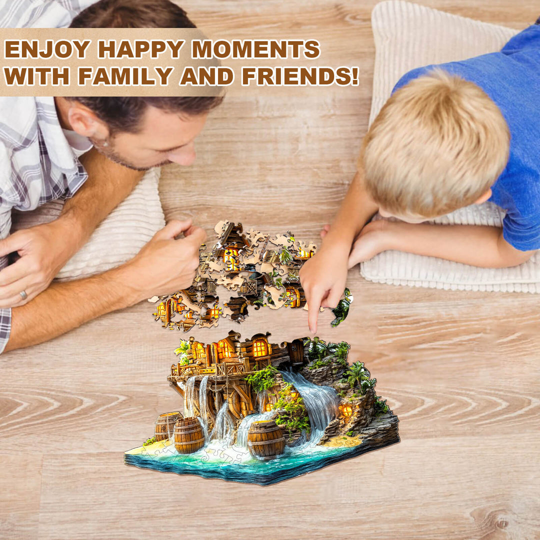 Father and son enjoying the Pirate cabin-2 Wooden Jigsaw Puzzle together, creating joyful family moments.