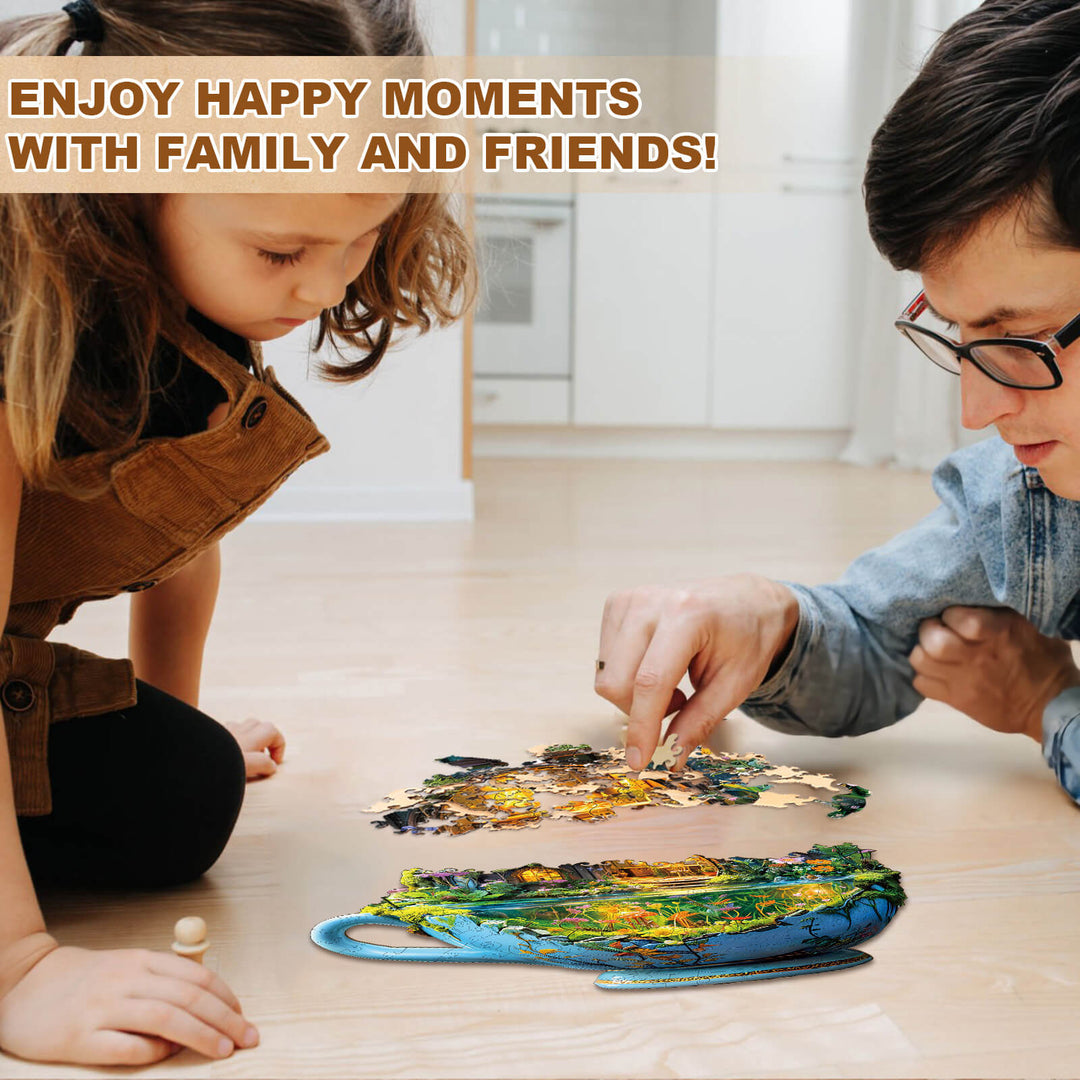 A child and an adult assembling a green Field mug jigsaw puzzle together, enjoying quality time and focus.