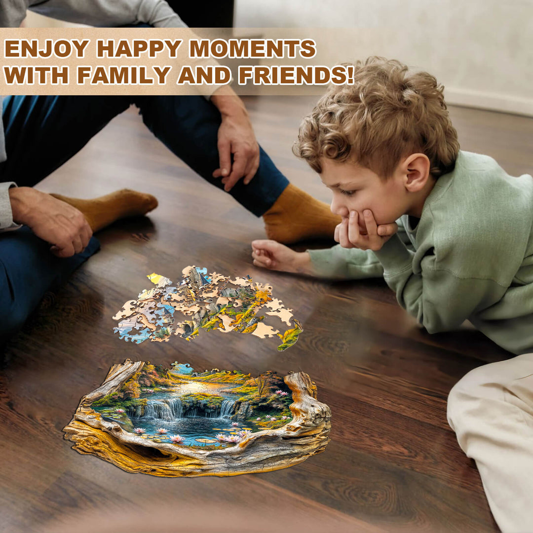 Family enjoying the Enchanted Frame-2 wooden jigsaw puzzle on the floor, creating happy moments together.