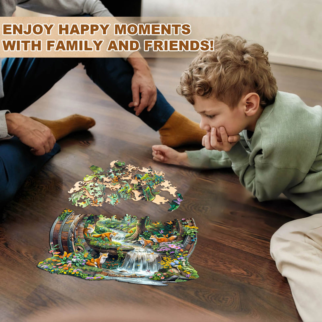 Family enjoying quality time while solving the Happy foxes-1 wooden jigsaw puzzle on a living room floor.