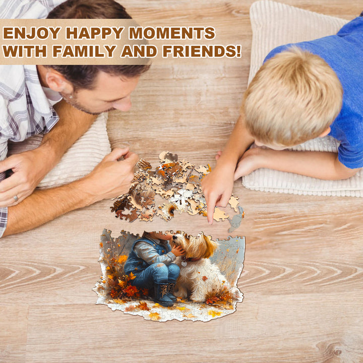 A father and son enjoying quality time together while assembling a wooden jigsaw puzzle on the floor.