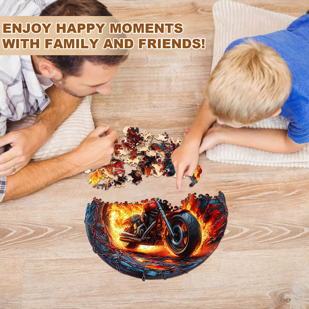 Father and son enjoying time together solving the Fiery Escape Wooden Jigsaw Puzzle on a cozy rug.