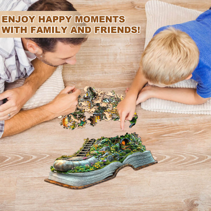 Father and son enjoy family time assembling Treehouse Dream wooden jigsaw puzzle on a wooden floor.