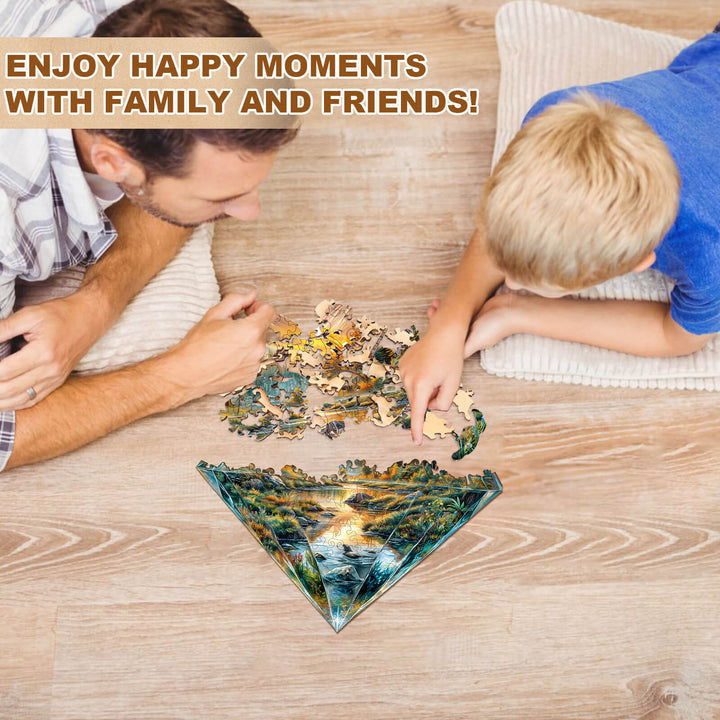 Father and son enjoying quality time while assembling a Diamond Landscape wooden jigsaw puzzle together.