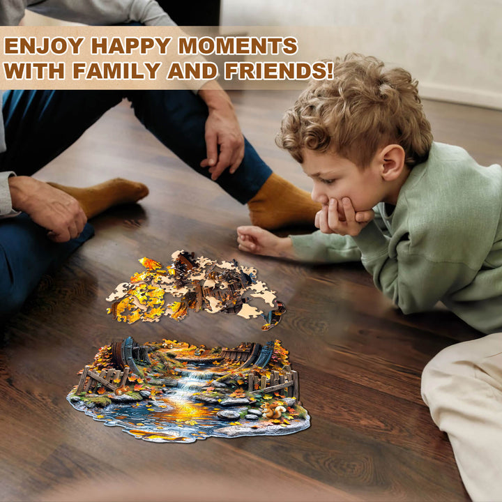 Family bonding over Barrel of Autumn wooden jigsaw puzzle, enjoying quality time together while solving puzzles.