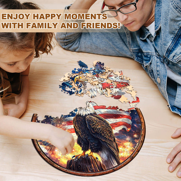 Family enjoying the Eagle's Pride wooden jigsaw puzzle together on a wooden table.