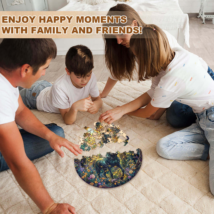 Family and friends enjoy assembling a Forest Horse wooden jigsaw puzzle together on a cozy rug.