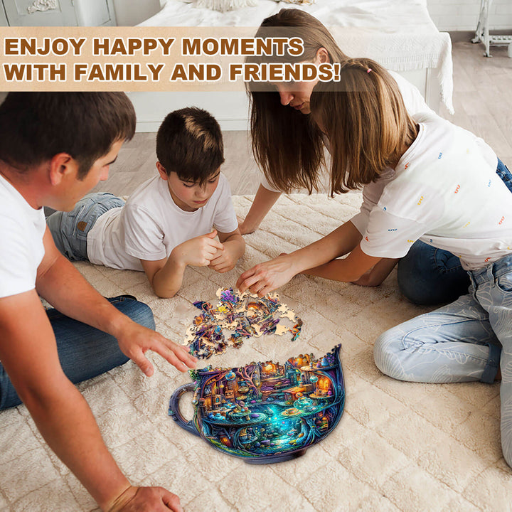 Family enjoying the Enchanted Teapot wooden jigsaw puzzle together on a cozy rug, sharing happy moments.