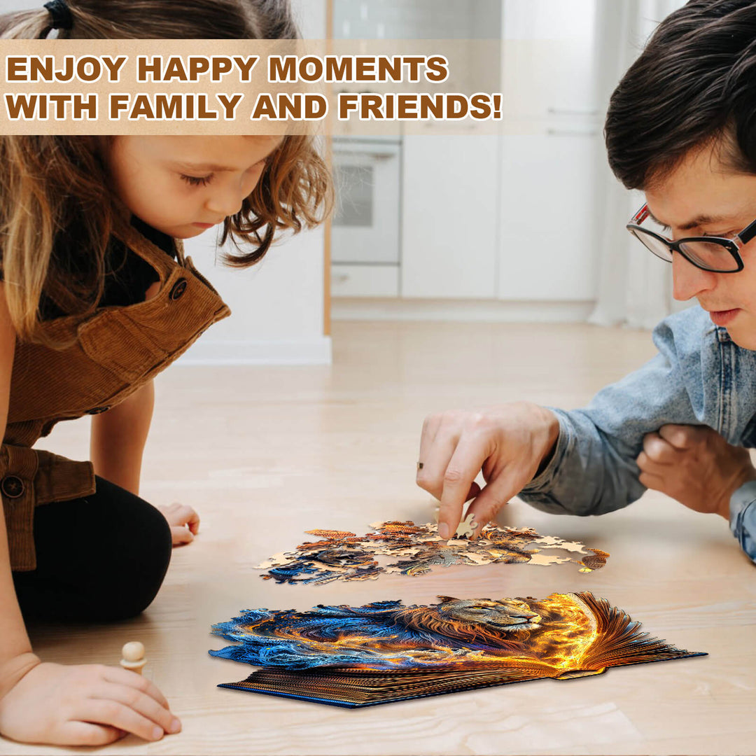 A child and an adult enjoying the Roaring Pages Wooden Jigsaw Puzzle, creating happy moments together.