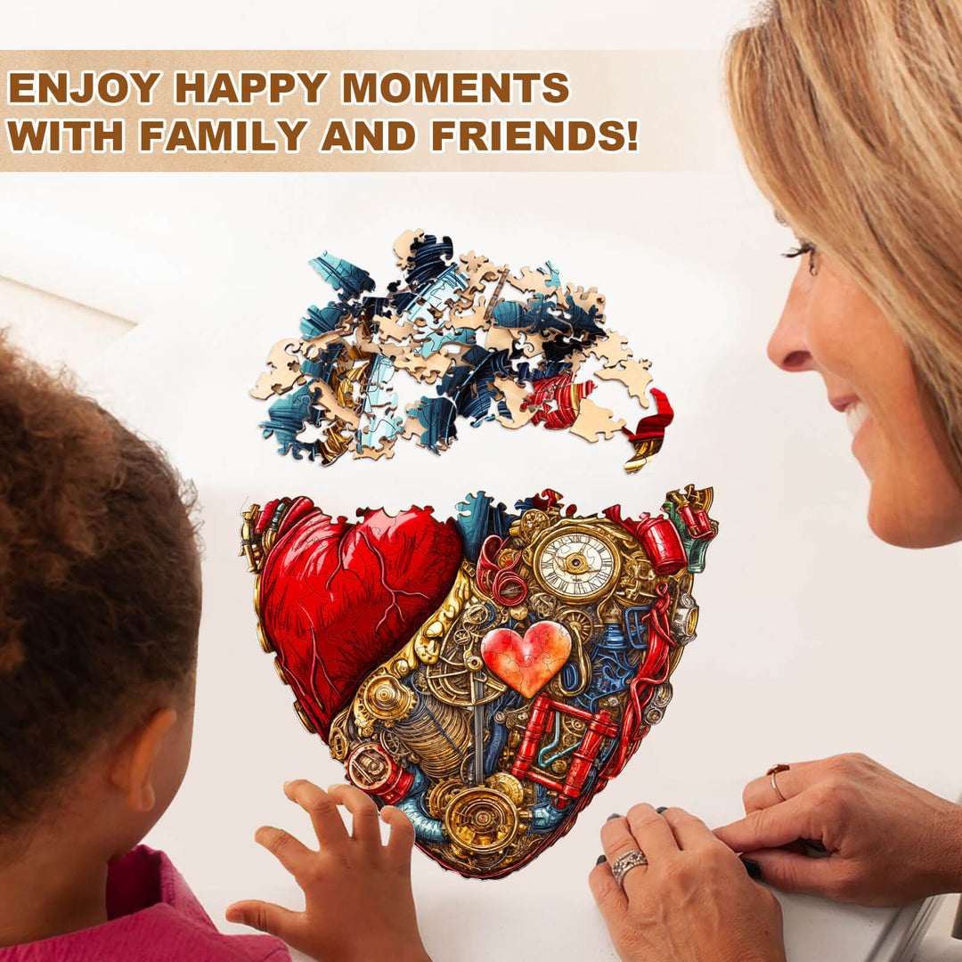 Enjoying the Mechanical Heart-2 wooden jigsaw puzzle with family and friends, promoting fun and mental engagement.