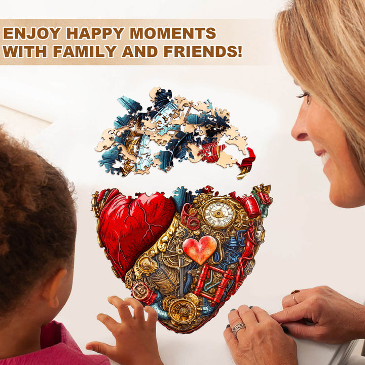 Enjoying the Mechanical Heart-2 wooden jigsaw puzzle with family and friends, promoting fun and mental engagement.