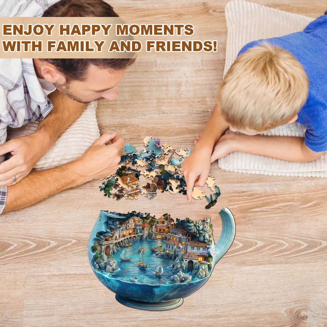 Father and son enjoying a Seaside town wooden jigsaw puzzle together on a cozy floor, creating happy memories.