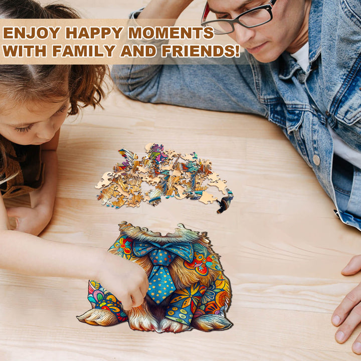 Two people working on a colorful bunny wooden jigsaw puzzle, enjoying quality time together.