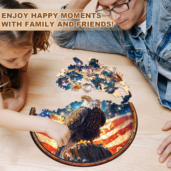 Family enjoying the Spirit of Liberty wooden jigsaw puzzle together, fostering fun and focus during puzzle-solving.