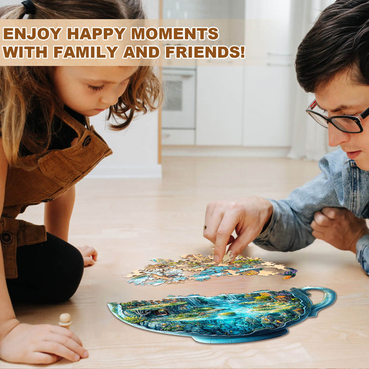 Family and friends enjoying the Urban Forest Cup wooden jigsaw puzzle together, fostering fun and focus.