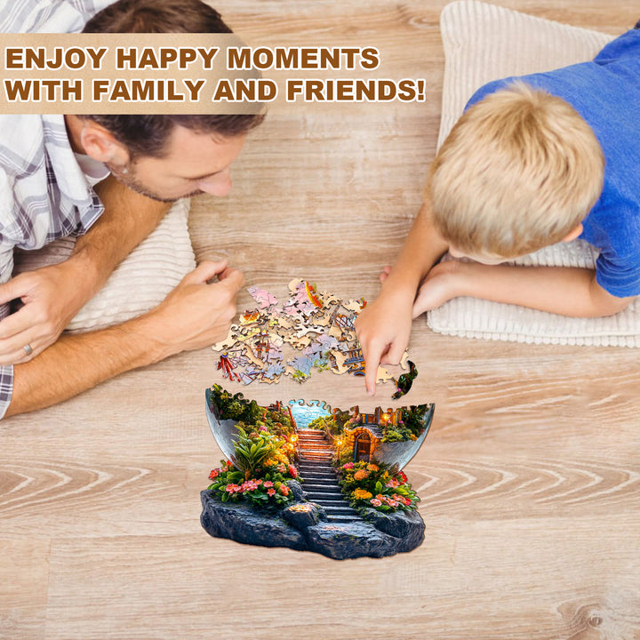 Father and son enjoying quality time together while assembling a 3D Crystal Wonderland wooden jigsaw puzzle.