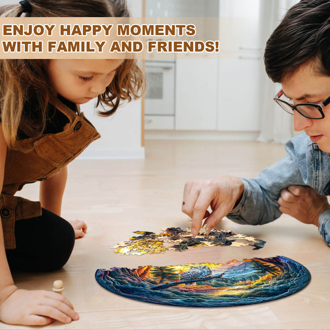 Family and friends enjoying time together while solving the Serene Watcher wooden jigsaw puzzle.