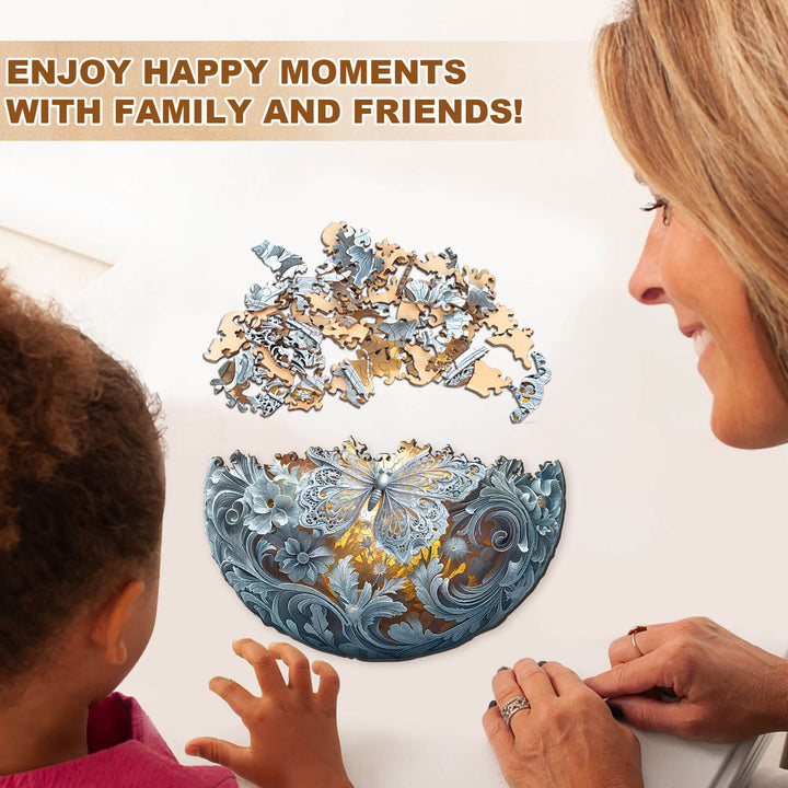 Family enjoying time together solving the Celestial Wings wooden jigsaw puzzle, creating happy moments.