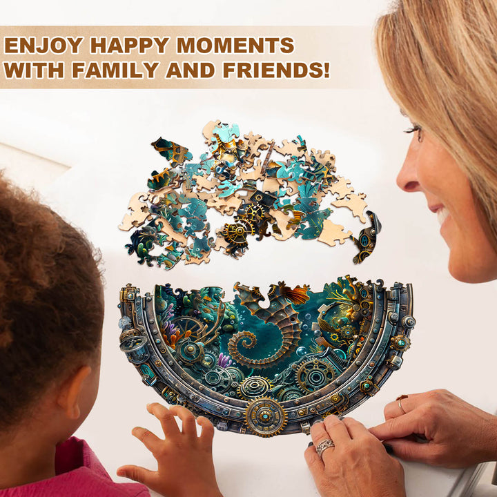 Enjoying the Abyssal seahorse jigsaw puzzle with family, creating happy moments together.