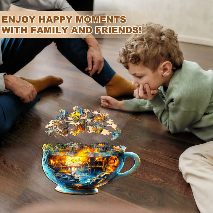 Family enjoying the Magic cup-1 wooden jigsaw puzzle, fostering happy moments together and enhancing focus.