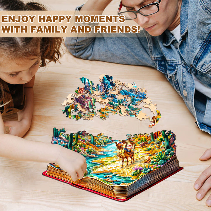 Child and adult assembling a vibrant wilderness wooden jigsaw puzzle at home, creating joyful family moments.