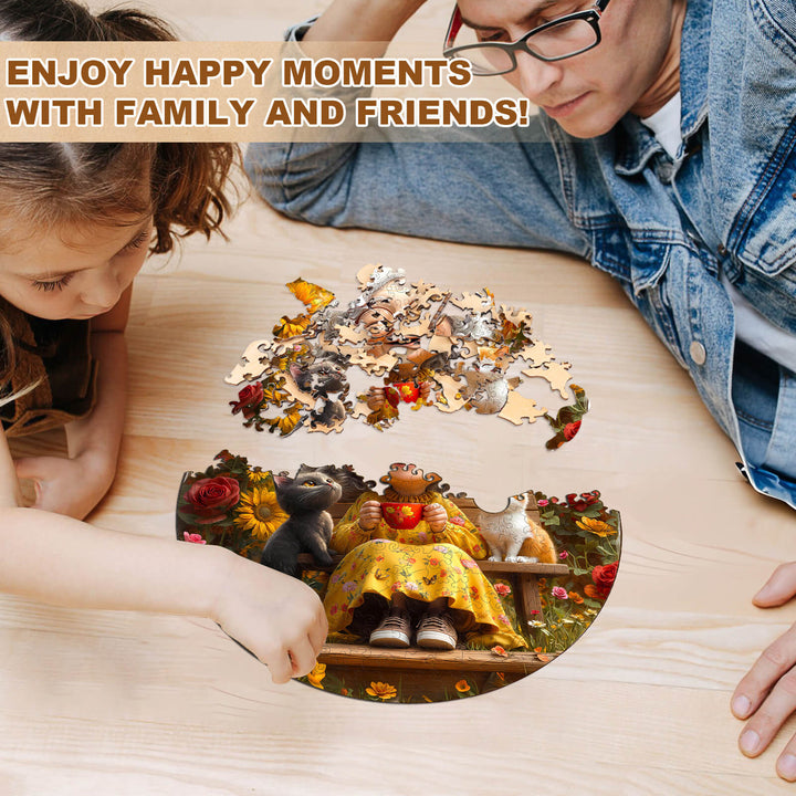 Children enjoying time together solving a Sunny Afternoon Wooden Jigsaw Puzzle on a wooden table.