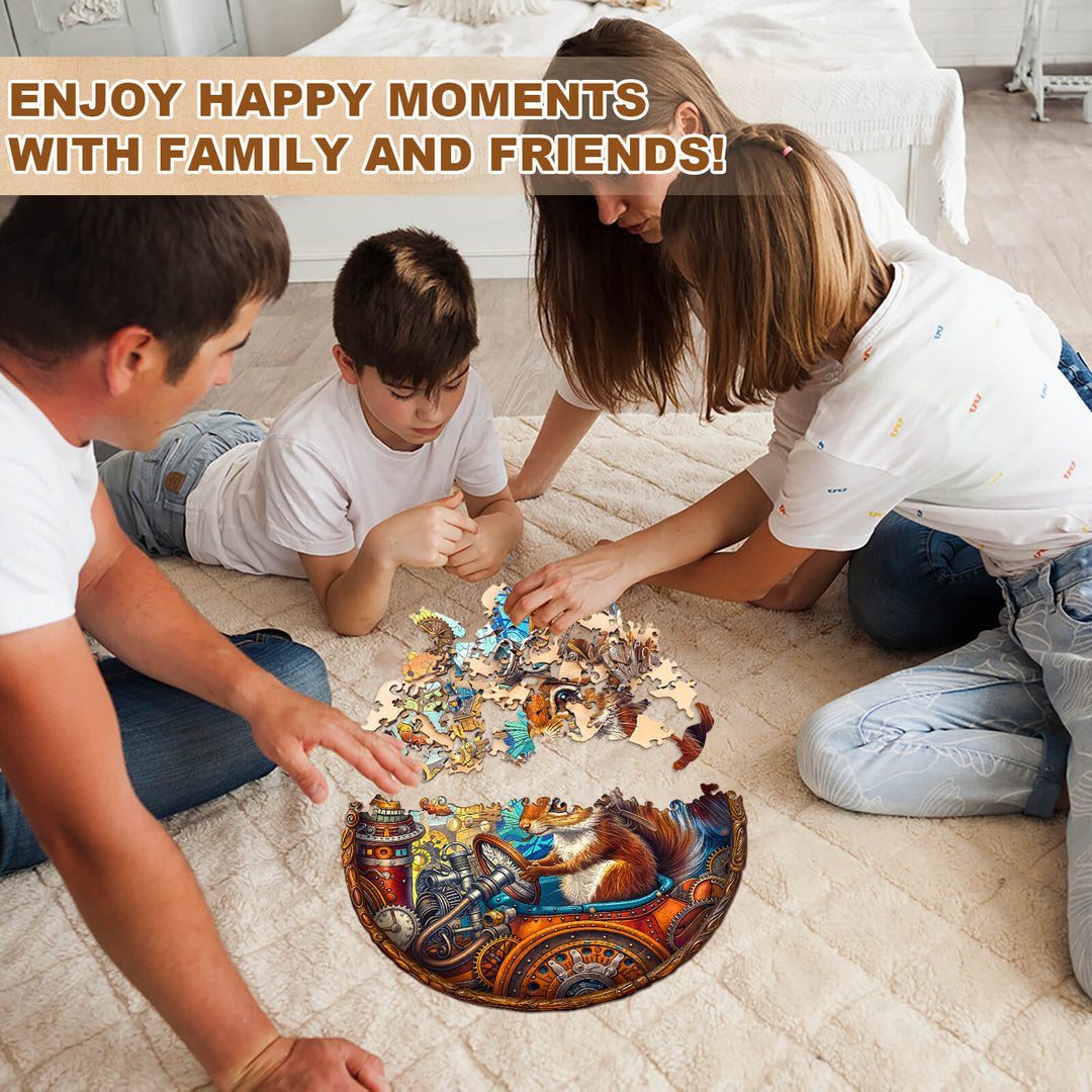 Family enjoying the Happy Squirrel wooden jigsaw puzzle together, creating fun moments and focusing on mind games.