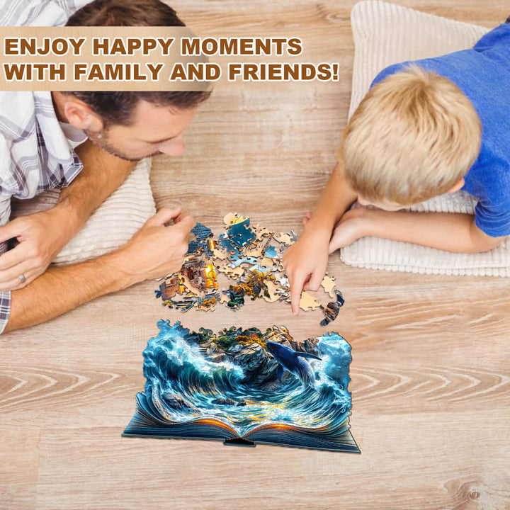 Father and son enjoying the Dream Sea Wonder wooden jigsaw puzzle on the floor, creating happy family moments.