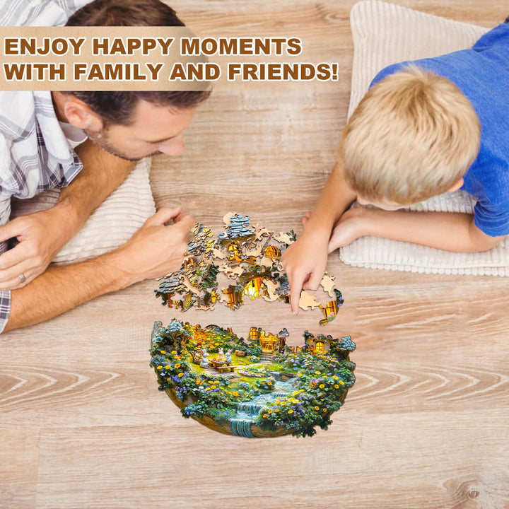 A father and son enjoying a jigsaw puzzle together, highlighting family bonding over the Moonlight Garden-2 puzzle.