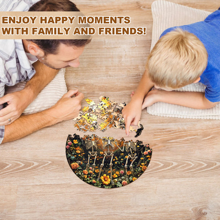 Father and son enjoying a Skeleton Moon Glee wooden jigsaw puzzle, promoting family bonding and focus.