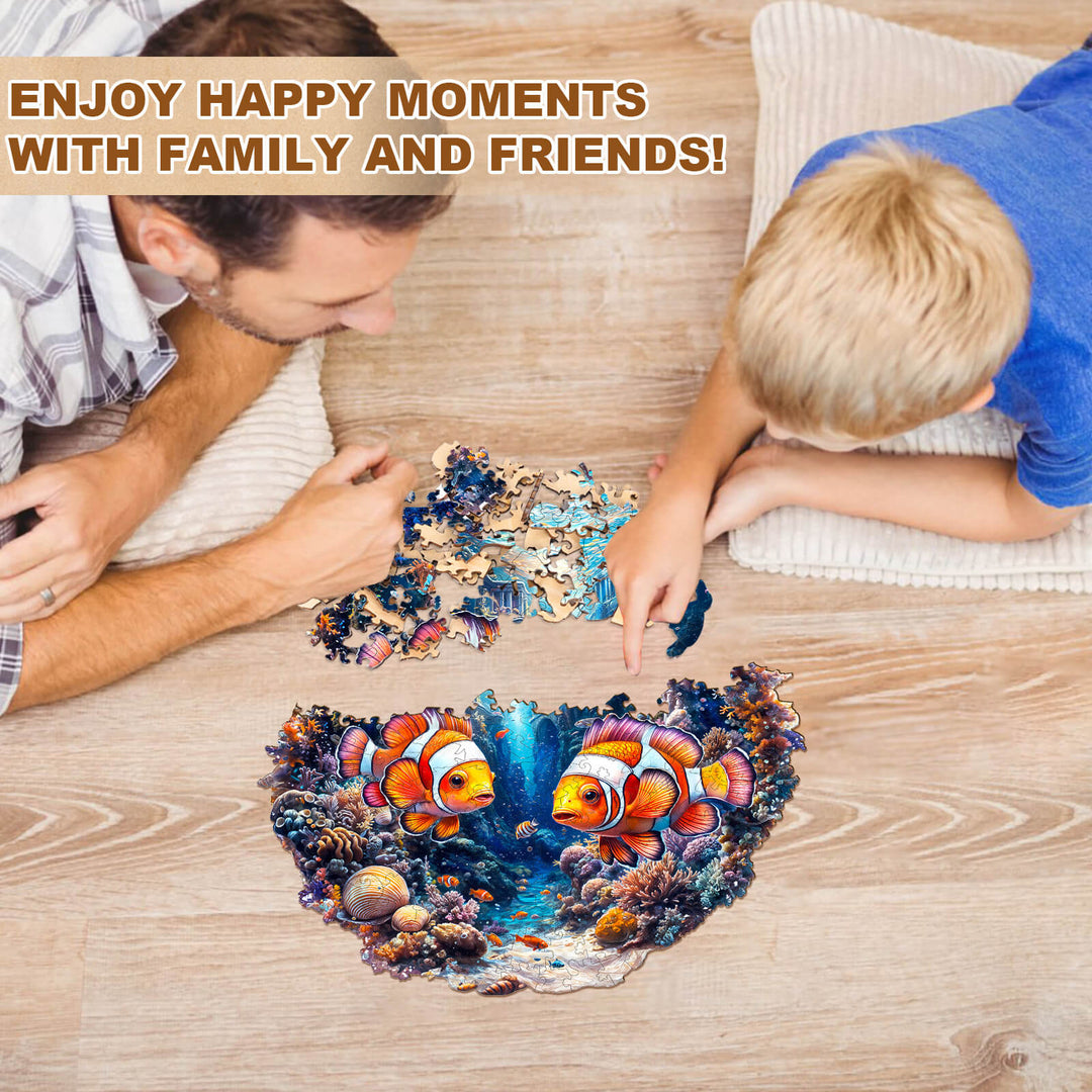 Father and son enjoy Clownfish Journey wooden jigsaw puzzle together, creating happy moments with family.