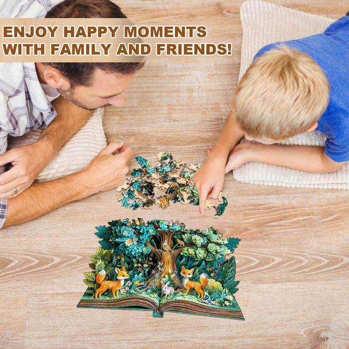A father and son enjoying 3D Forest Tales Wooden Jigsaw Puzzle together, fostering happy family moments.