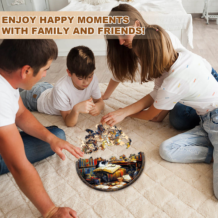 Family enjoying quality time together while solving the Whiskers Library-1 wooden jigsaw puzzle.