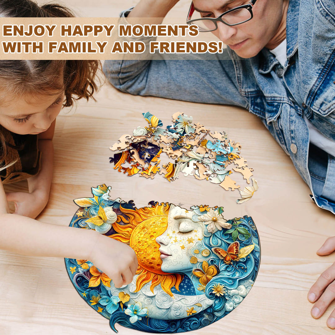 Moon sun and girl Wooden Jigsaw Puzzle