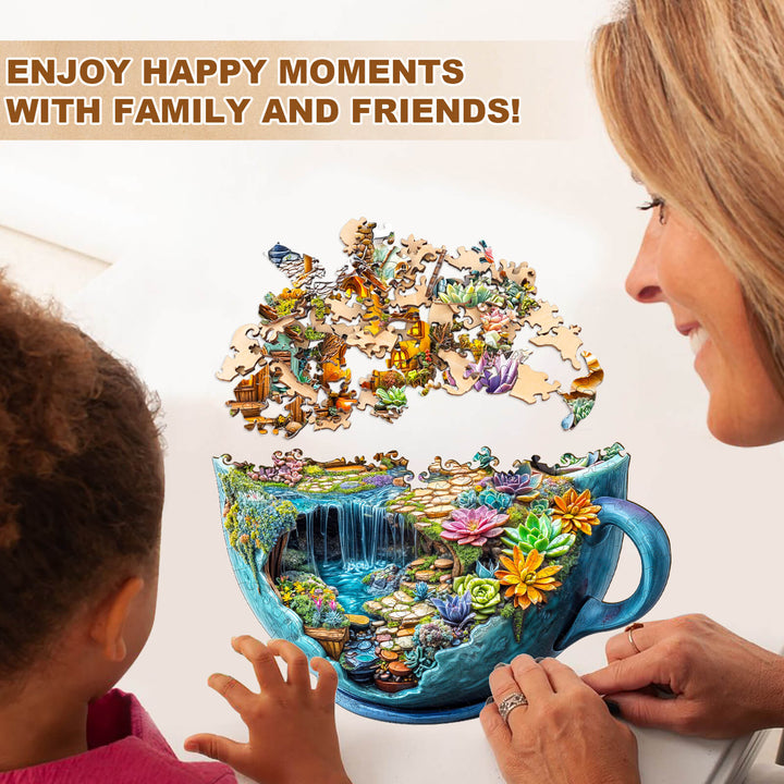 Enjoy family time solving the Succulent Mug Wooden Jigsaw Puzzle, focusing on fun and engagement.