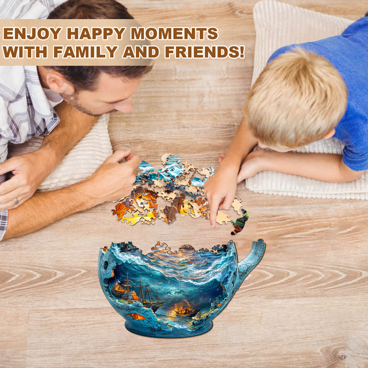 Father and son enjoying a Sea navigation mug jigsaw puzzle together, creating happy moments with family and friends.