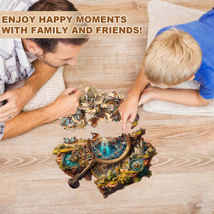 Father and son enjoying the Explorer's World-2 wooden jigsaw puzzle, creating happy moments together.