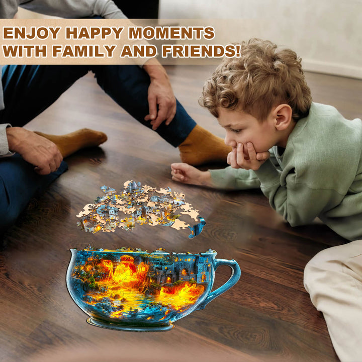 Family and child enjoying the Magic cup-2 wooden jigsaw puzzle for fun, focused playtime together.