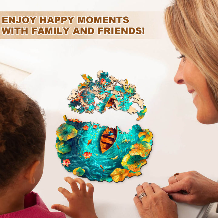 Boat and Lotus Wooden Jigsaw Puzzle