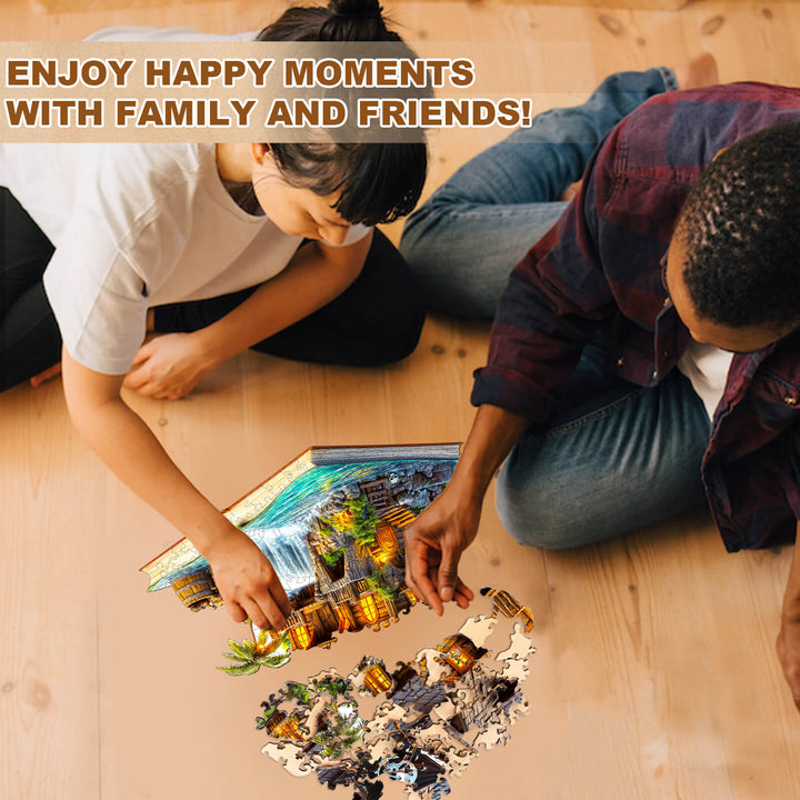 Two friends assembling the Pirate cabin-1 Wooden Jigsaw Puzzle, enjoying quality time together.