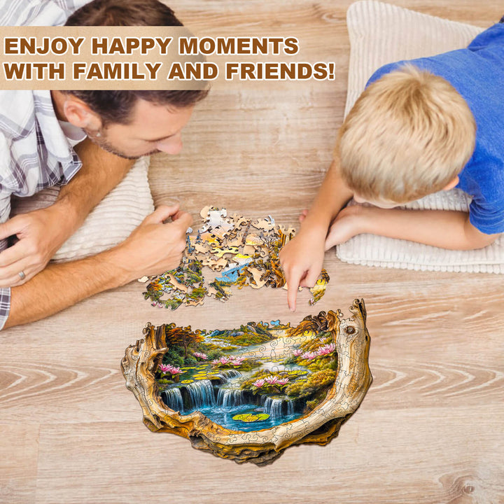 Father and son enjoying quality time together while assembling the Enchanted Frame-1 Wooden Jigsaw Puzzle.