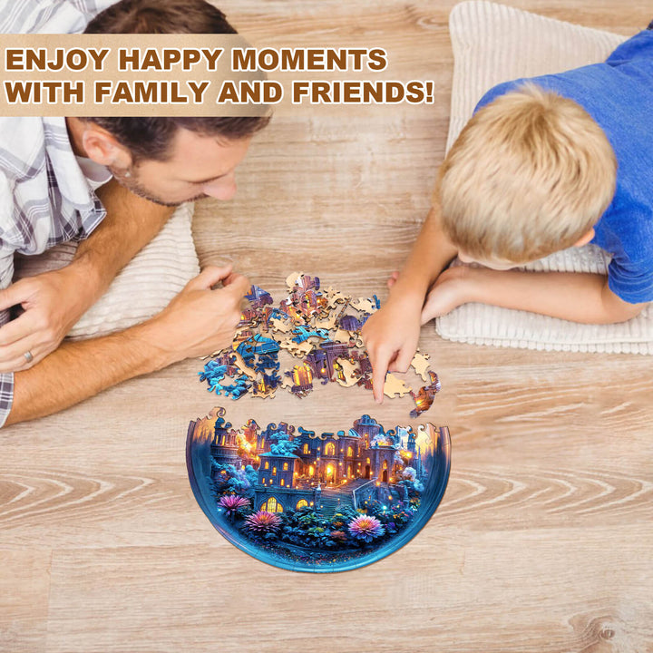 Father and son assembling the Moonlit Realm wooden jigsaw puzzle, enjoying bonding moments and enhancing focus.