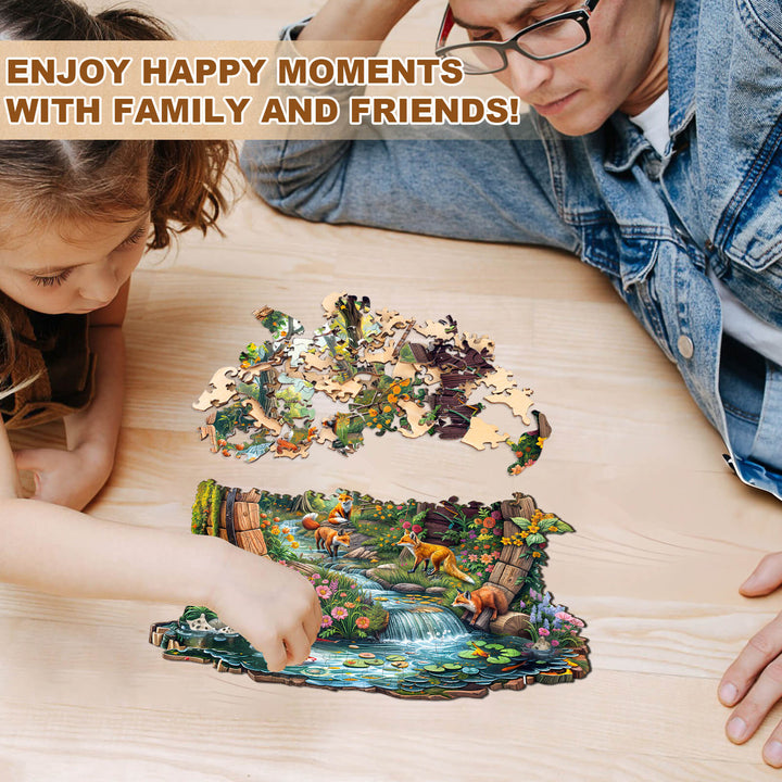 A child and adult enjoy solving the Happy Foxes-2 wooden jigsaw puzzle together, promoting family bonding and focus.