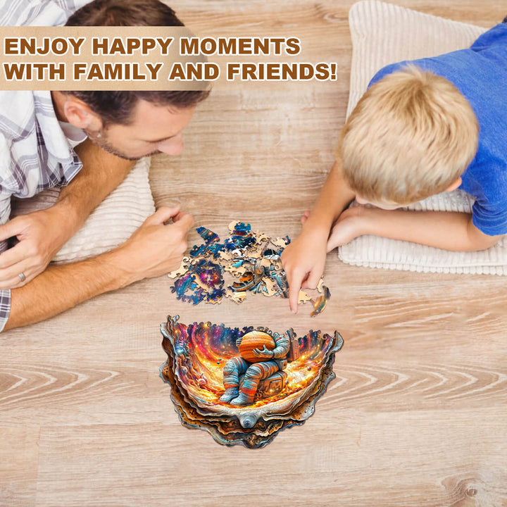 Father and son enjoying the Cosmic Dream Wooden Jigsaw Puzzle, creating happy moments together.