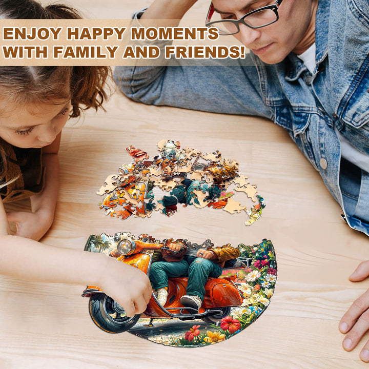 Children enjoying the Motorcycle Granny-1 Wooden Jigsaw Puzzle on a wooden table, fostering family fun and focus.