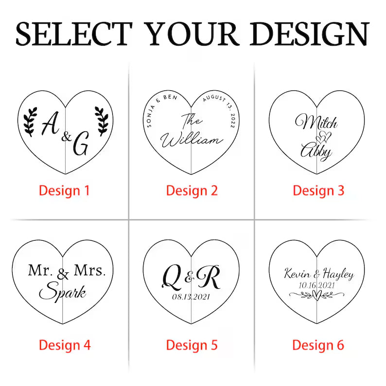 Choose from six custom heart-shaped ring box designs for couples, showcasing engraving options for personalization.
