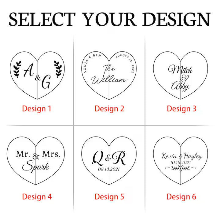 Choose from six custom heart-shaped ring box designs for couples, showcasing engraving options for personalization.